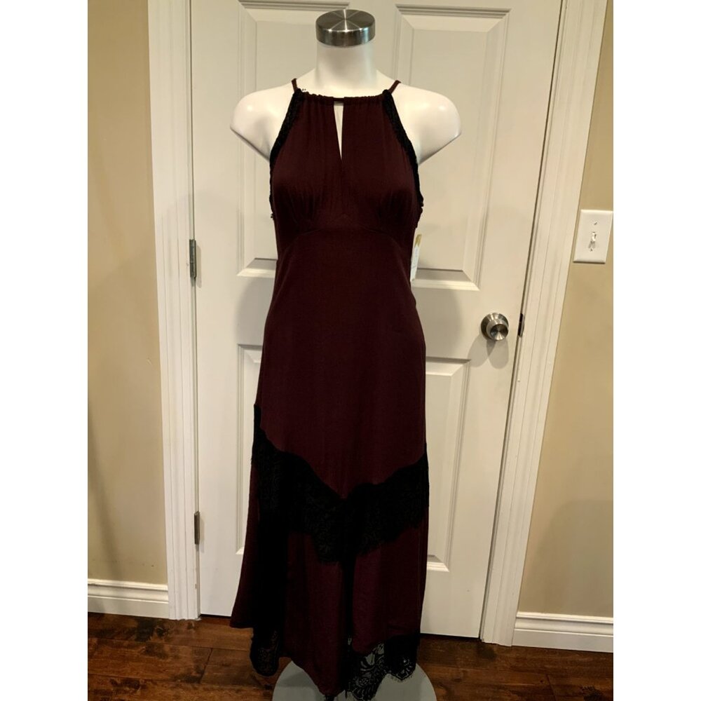 Moulinette Soeurs Maroon W/ Black Floral Lace Trim Dress, Size 0 (US)